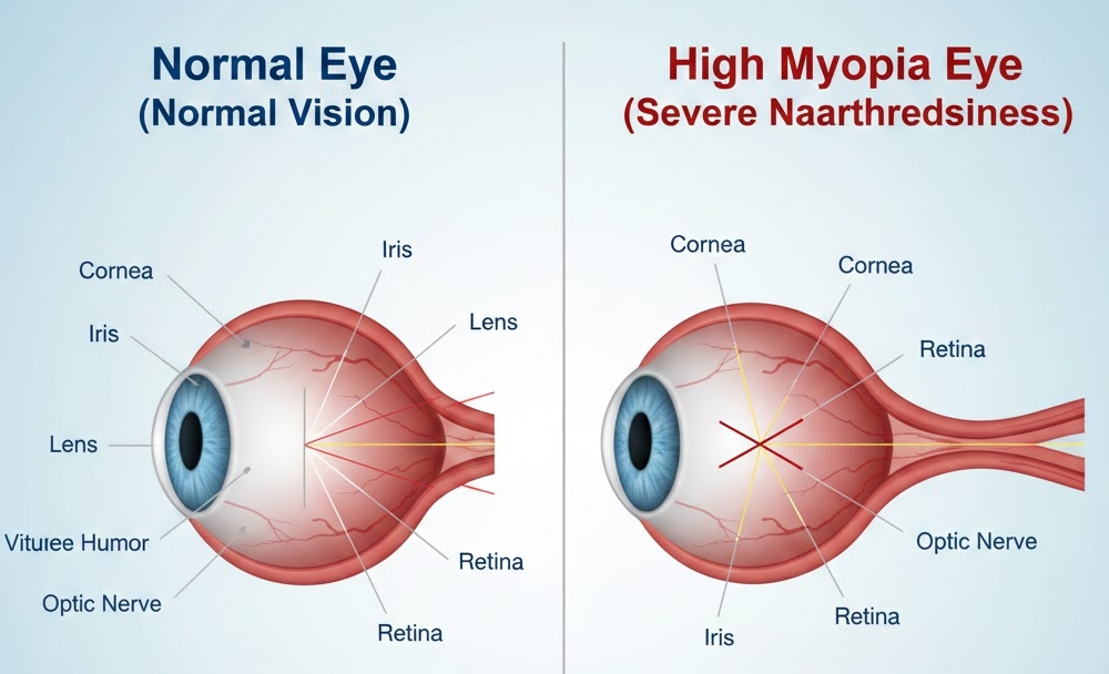 일반 안구보다 앞뒤로 길어진 고도근시 기준 안구 구조와 망막 상태 이미지