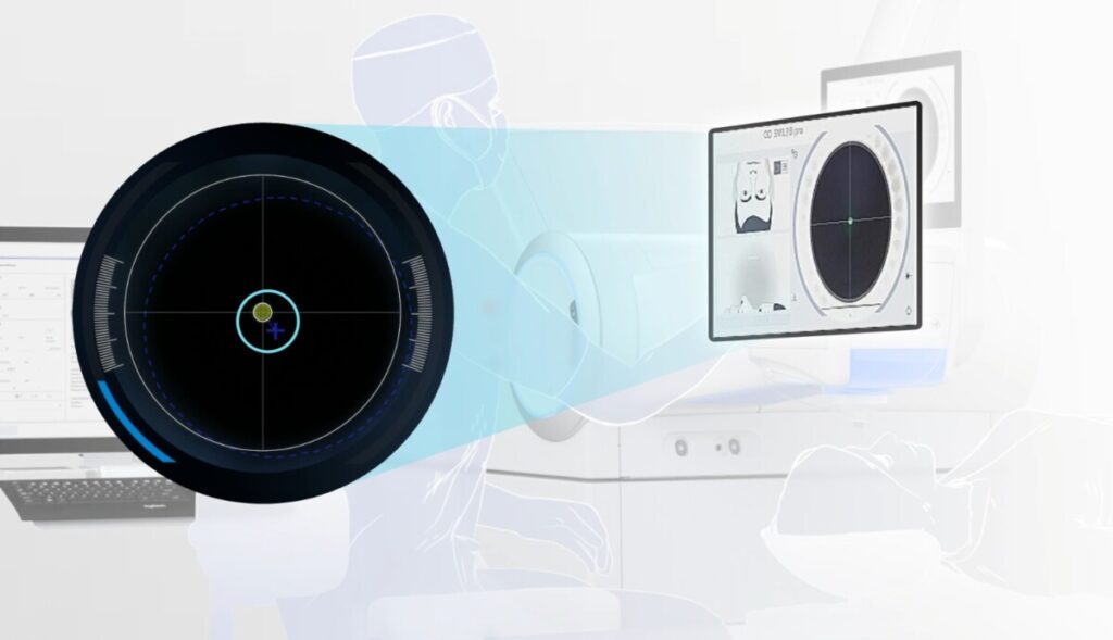 비쥬맥스 800의 자동 시축 보정(CentraLign) 및 난시 축 보정(OcuLign) 기능을 시각화한 이미지