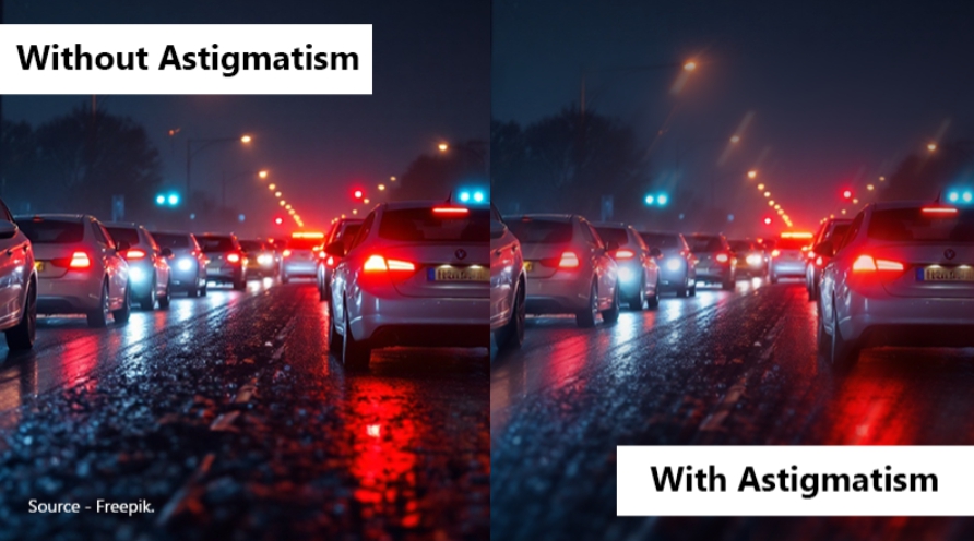 난시가 있는 사람과 난시가 없는 사람의 야간 운전 시야를 비교해서 보여주는 이미지